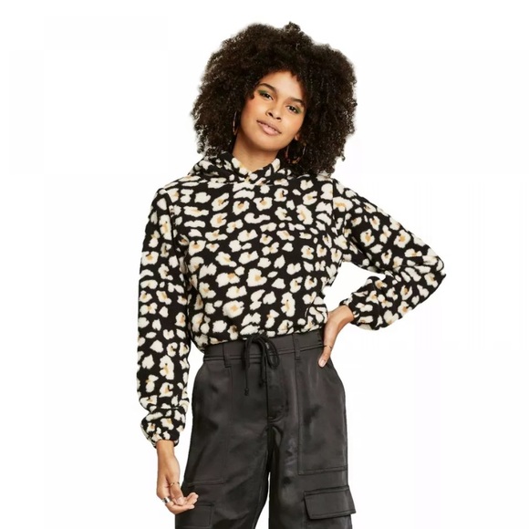 wild fable leopard crop sherpa hoodie sweatshirt small or large - Picture 7 of 16